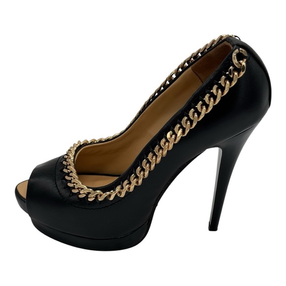 Giuseppe Zanotti Black Leather Peep Toe Heels Gold Chain Detail Size 6.5 - Picture 8 of 13